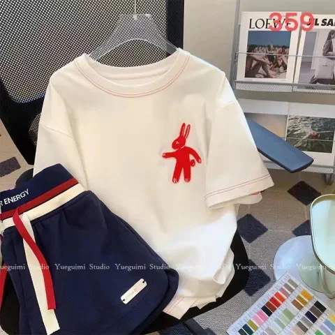 Age-reducing Rabbit Short-sleeved Shirt suit Women's Summer Design Sense Niche Loose Shorts Two-piece Set for Women