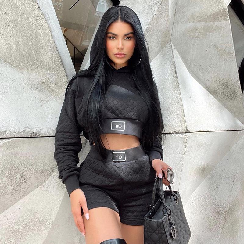 Picture of European and American Style Textured Plaid Faux Two-Piece Hooded Sweatshirt and Shorts Set for Women, Autumn Casual Sports Lg Spliced Design