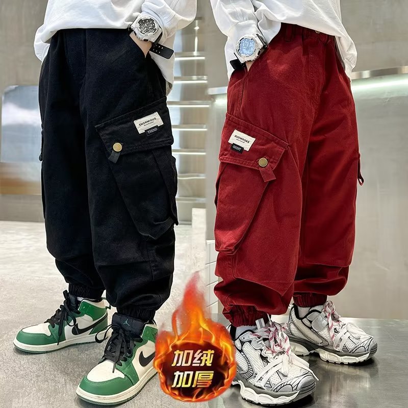 Children's Wear Boys' fleece-lined Thick Pants Crane Pants Autumn and Winter 2023 New Handsome Middle and Large Children's Autumn Casual Pants