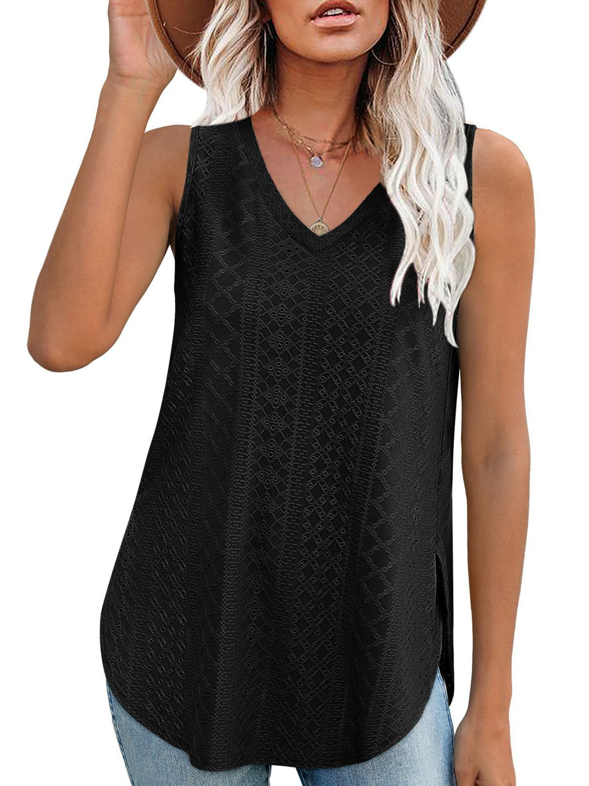 Amazon Independent Station European and American Cross-border Foreign Trade Women's Summer V-neck Casual Vest Sleeveless Needle Jacquard Top