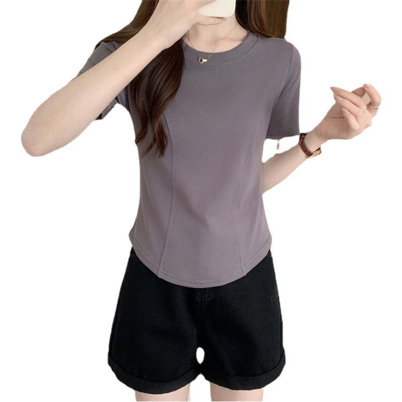 2025 Summer New Fishbone Pattern Slim Fit Short Sleeve T-Shirt for Women, Simple Solid Color Inner Layer Half Sleeve Korean Style Top