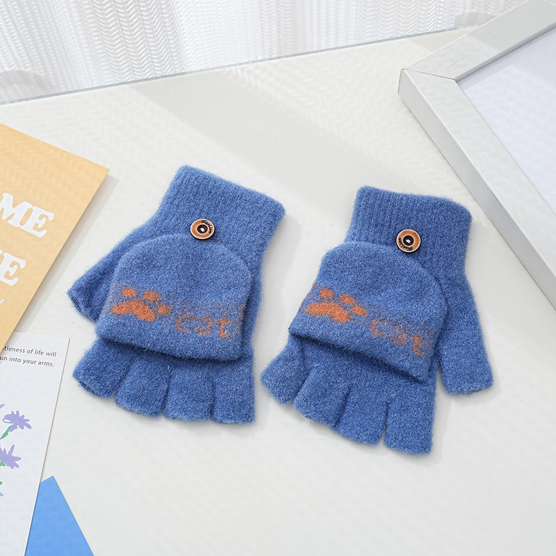 Picture of Children's flip gloves autumn and winter boys half finger warm cute Primary School students writing knitted dual-purpose gloves wholesale
