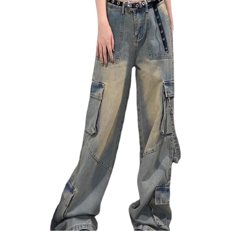 American retro workwear jeans women's autumn hot girl high street design loose slimming high waist straight wide leg pants