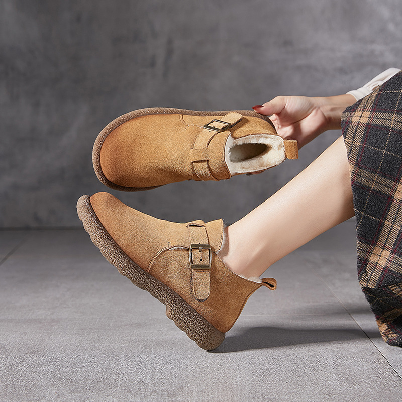 Platinum Disi Leather Thick-soled Snow Boots Women's Winter New Arrival Source Buckle Lamb Wool Non-slip Warm Cotton Boots