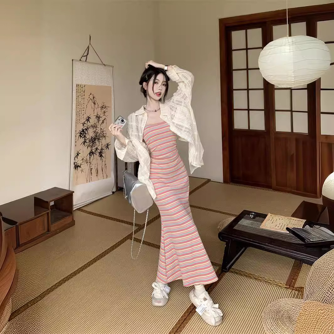 Picture of Dopamine Rainbow Stripe Knitted Sling dress Women's Summer Dali Seaside Vacation Postmom's Hip Vest Long Skirt