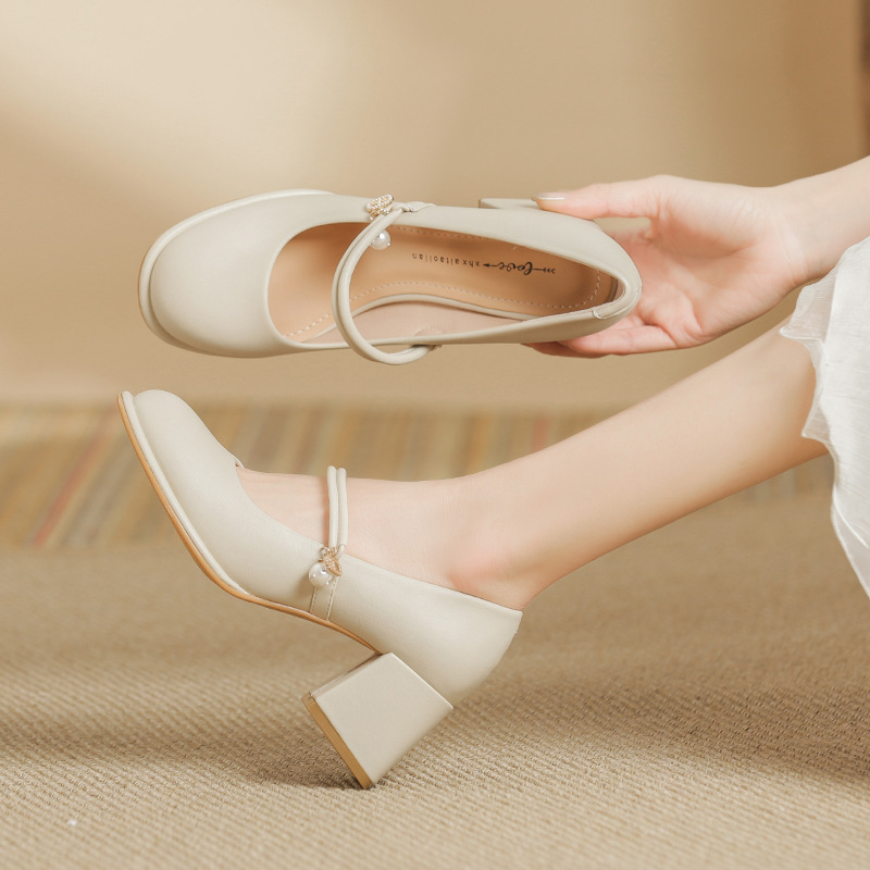 French Mary Jane 2024 Summer new women's shoes fairy evening style strap chunky heel high heels small leather shoes
