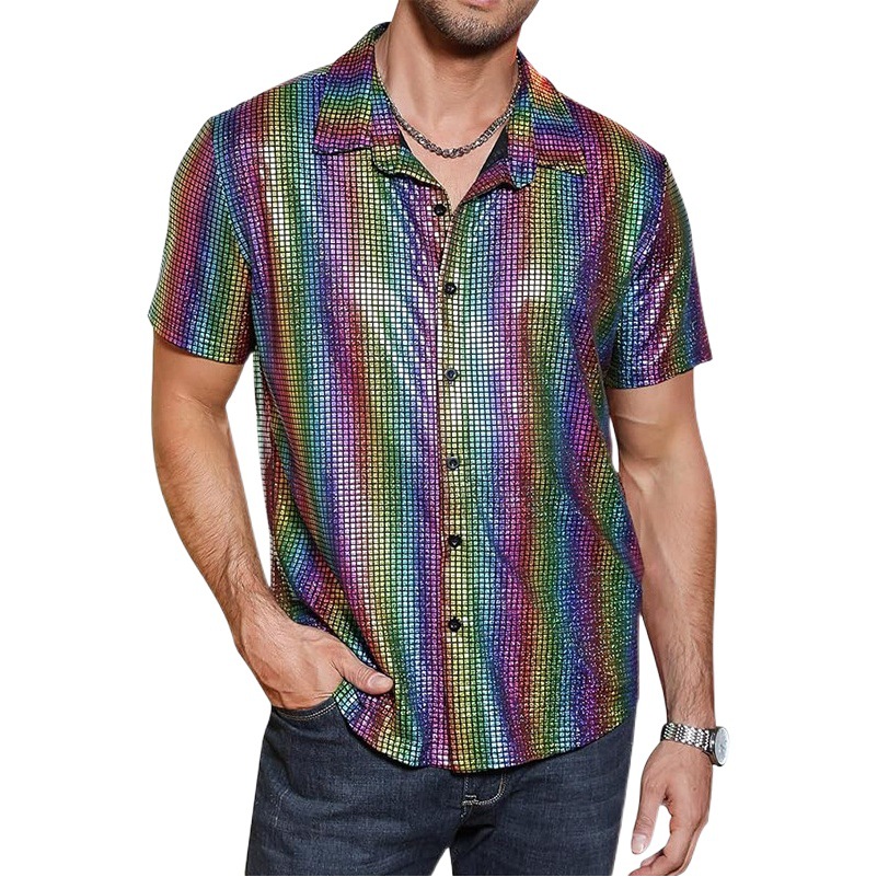 New 2024 men's short sleeve cross-border hot sequin shirt 70s disco party modern hair