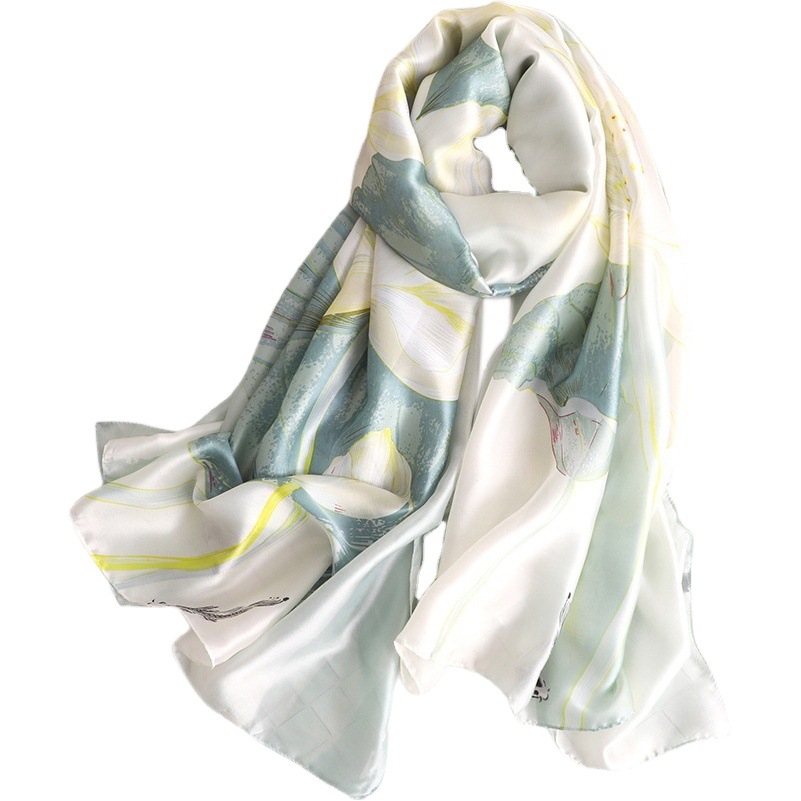 2020 Spring and Summer New Silk Beach Towel Holiday Lotus Sunscreen Silk Scarf Women's Long Air Conditioning Warm Shawl