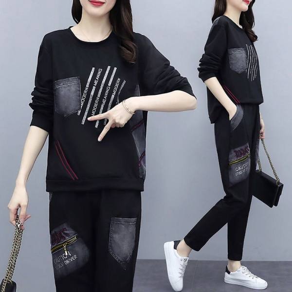 2021 Chubby Girls Spring and Autumn New Large Size Loose Casual Printed Set Women's Korean-style Casual Sportswear Two-piece Trendy