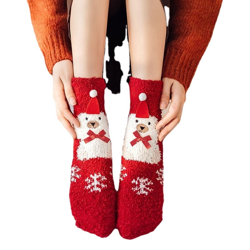 Christmas Socks Women's Coral Fleece Socks Thickened Warm Christmas Sleep Socks Cartoon Half Velvet Floor Socks