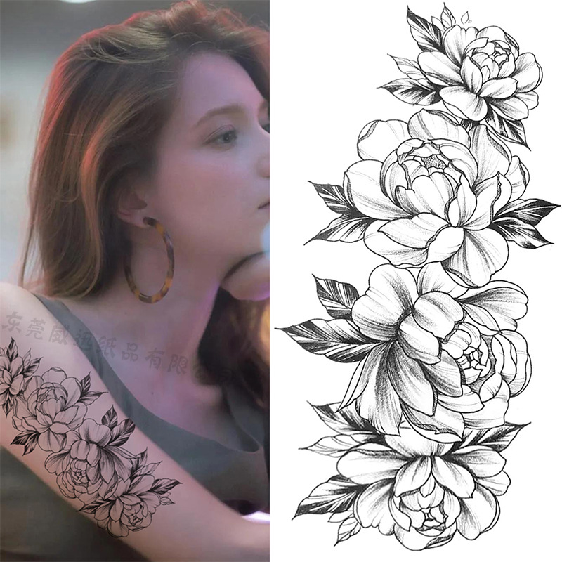 Picture of Cross-Border Supply of Sketch Flower Tattoo Stickers, Sketch Tattoo Stickers, Rose Flower Black and White Flower Tattoo