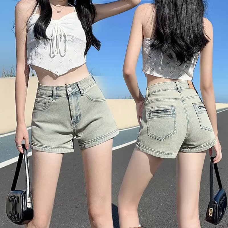 American Style Old Hot Girl High Waist Denim Shorts Women's 2024 Summer New Design Sense Stretch A- Word Hot Pants Ins