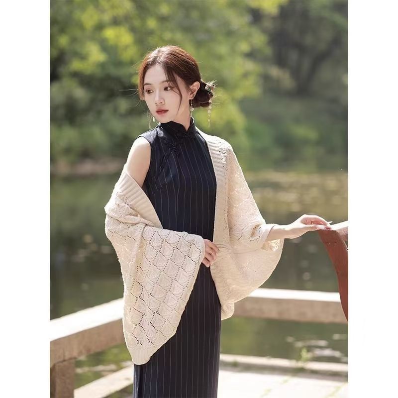 New Hollow Knitted Cardigan Korean Style Spring and Autumn New Shawl Outer Wear Cervical Spine Protection Cheongsam Coat Women's Scarf Shawl