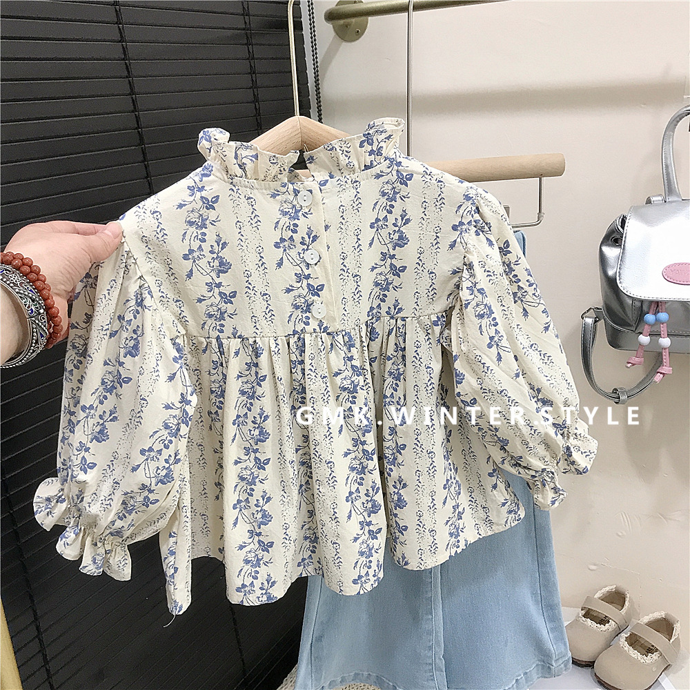 Picture of South Korea Children's Wear Girls' Floral Shirt Top New Children's Denim Flared Pants Baby Girl Shirt Spring and Autumn