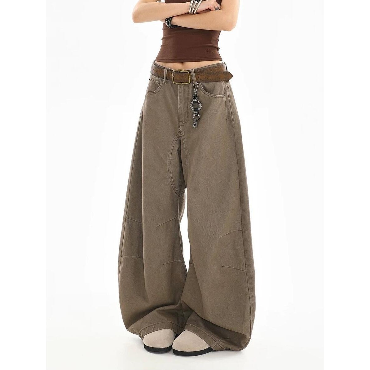 Summer casual loose drape straight wide-leg pants American retro curved design washed scimitar jeans for women