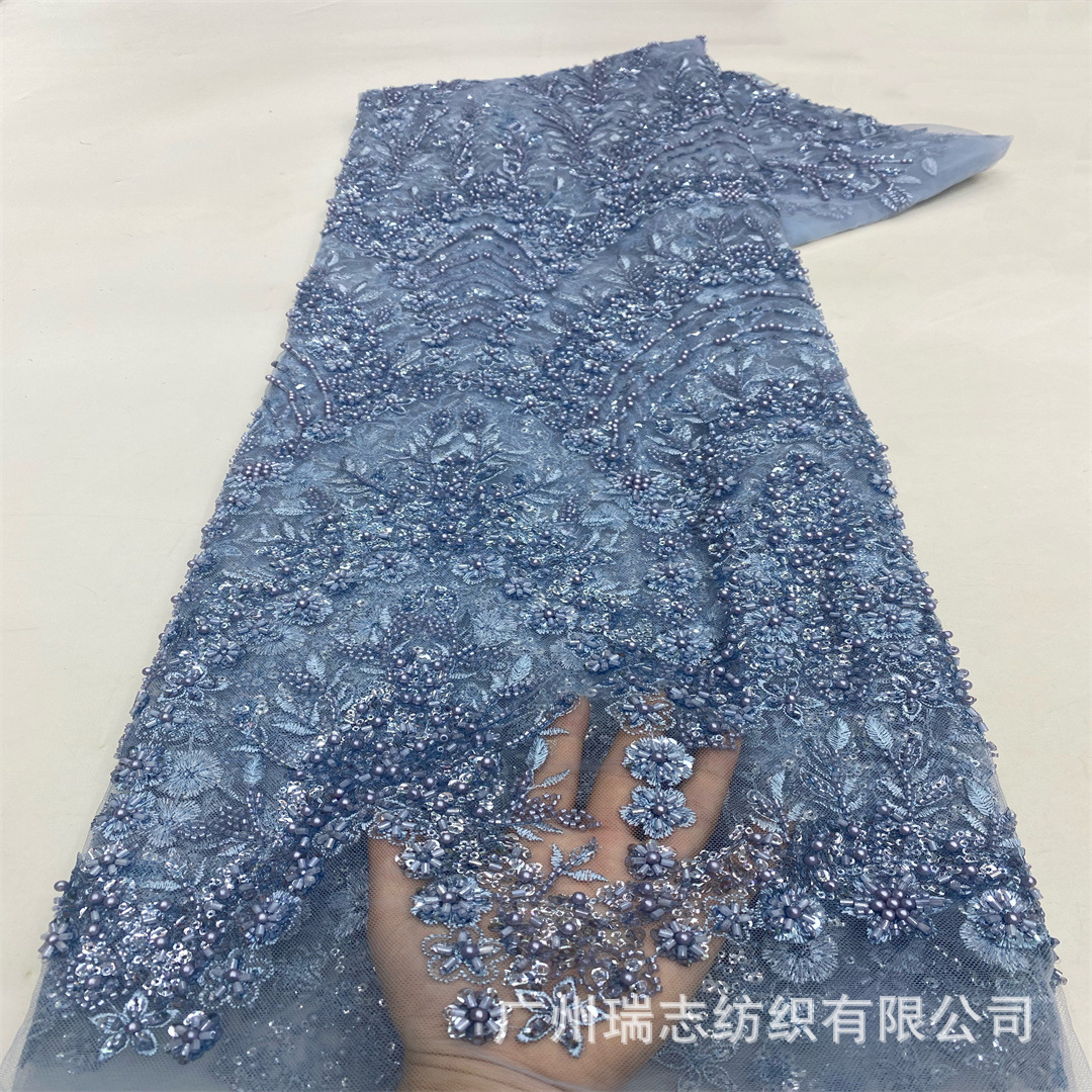 Trailing wedding dress evening gown shiny embroidered fabric heavy work beaded sequins embroidered sheer mesh lace fabric beaded