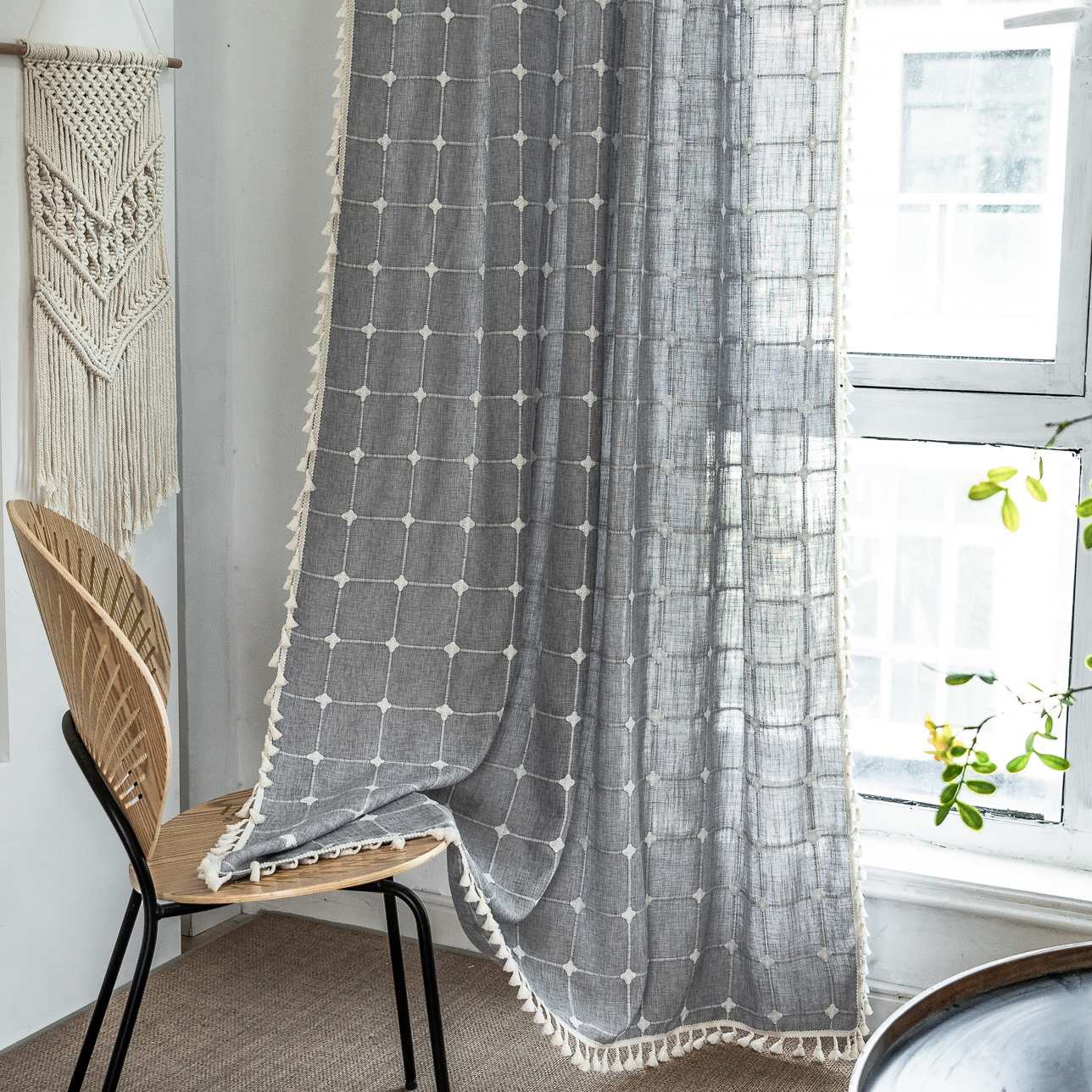 Picture of Sien cross-border popular curtain finished product punch-free Rod set American living room bedroom tassel balcony Plaid curtain