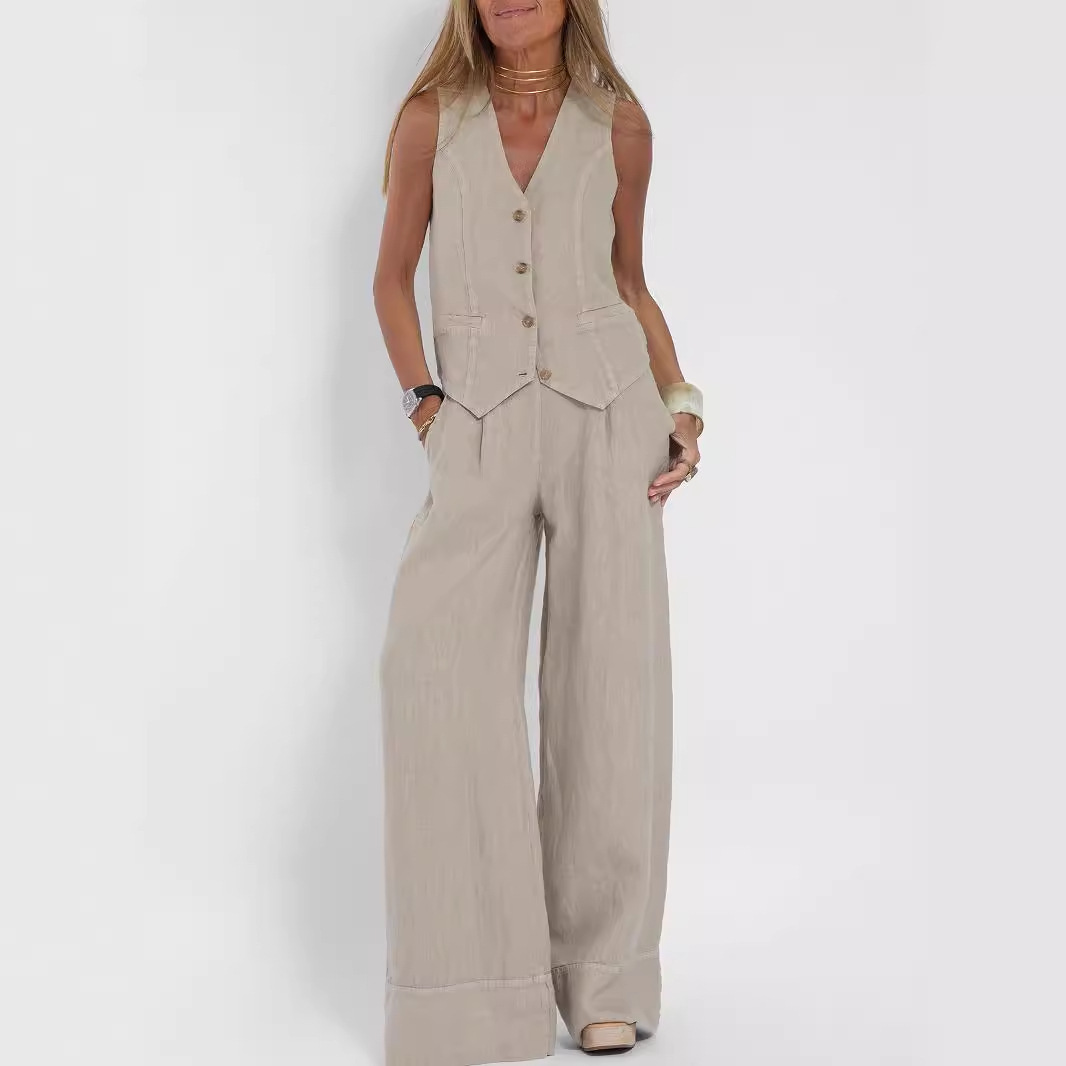2024 Europe and the United States cross-border wholesale new fashion vest pants collage stitching cotton and linen leisure suit