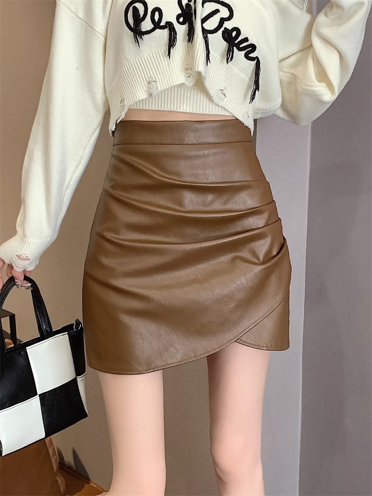 2023 New Autumn and Winter Black Leather Skirt Skirt Women's plus size chubby girl High Waist A- shaped Hip High-grade Short Skirt
