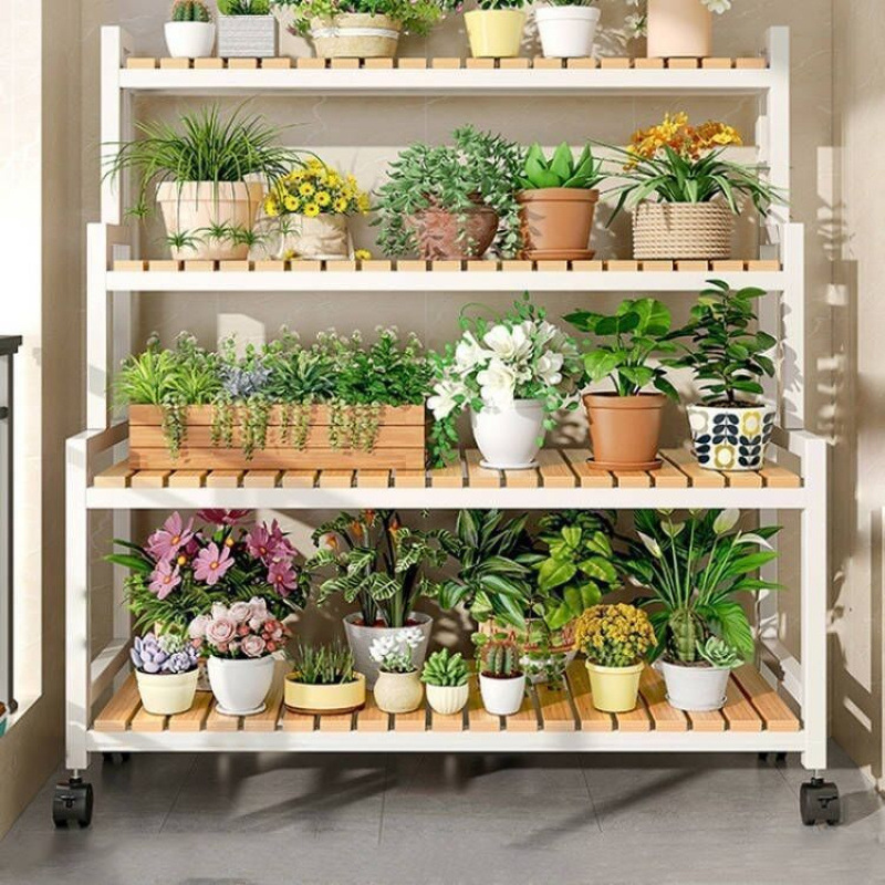 Living room floor-standing multi-layer flower shelf new flower stand movable wheeled shelf balcony outdoor staircase