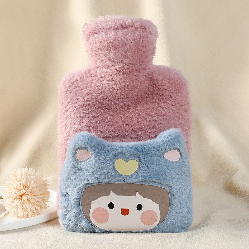 Picture of Rabbit Fur Hand Warmer Bag Filled with Water Hot Water Bottle Cartoon Plush Hand Warmer Hand Warmer Removable and Washable Hot Water Bag Thickeneded Explosion-Proof