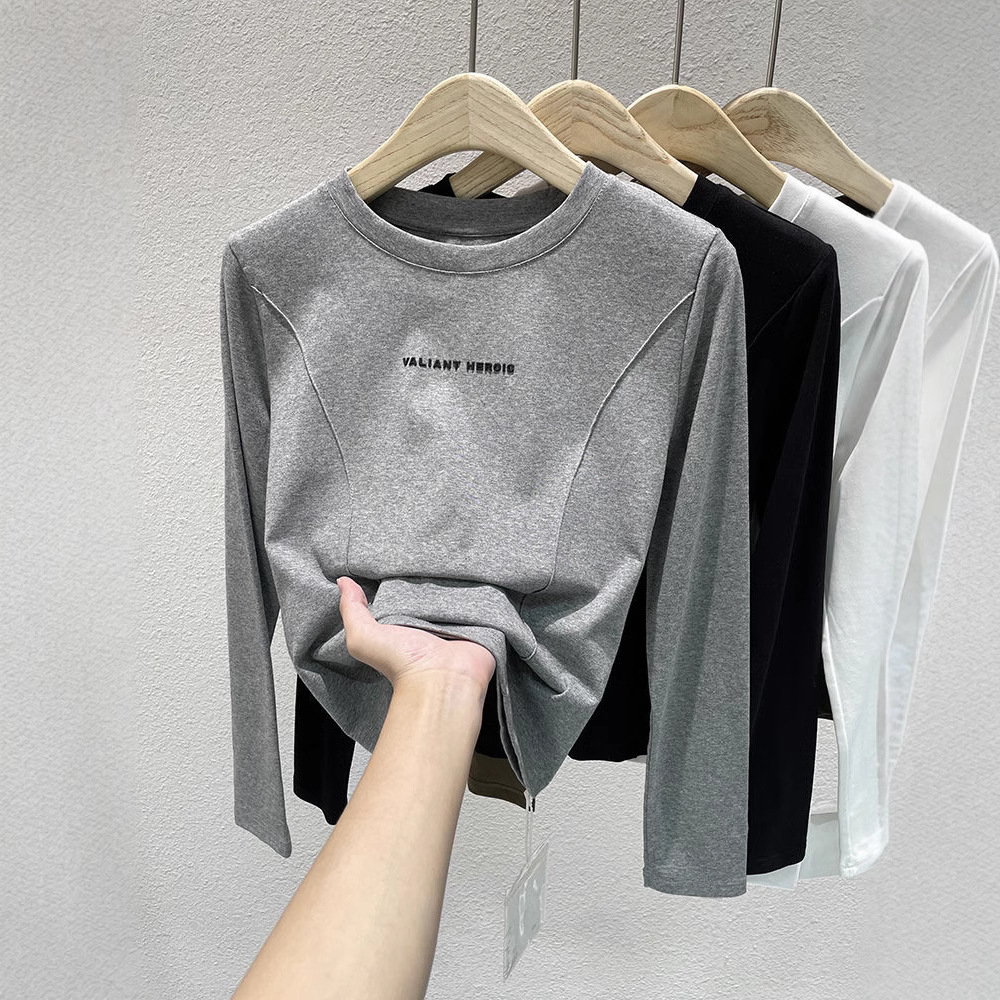 Printed stitching velvet short long sleeve T-shirt design new autumn and winter western style all-match base slim warm top