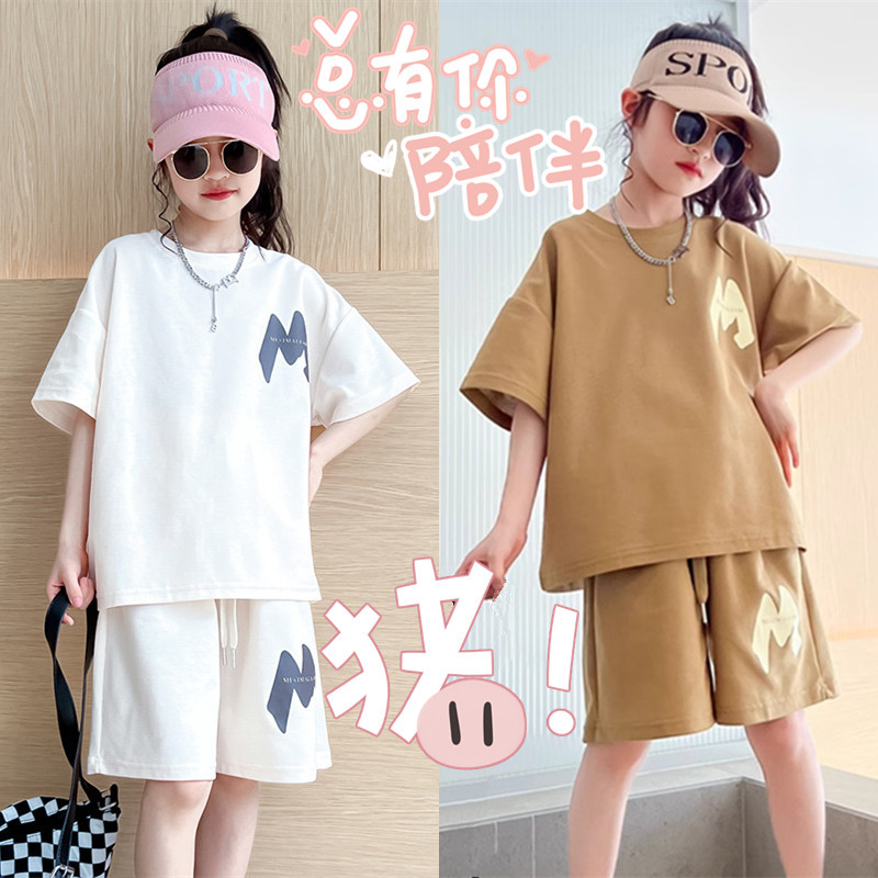 Children's Clothing Girls' Cotton suit Girls' Summer Clothing Large Children's Short-sleeved Top Shorts Female Student Sportswear Two-piece Set