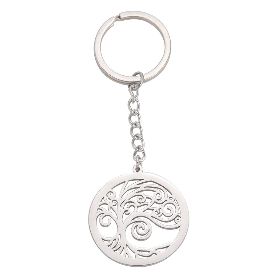 Cut Titanium Steel Ribbon Chain Keychain Round Cutout Side Tilts Tree Pendant 304 Stainless Steel Keychain
