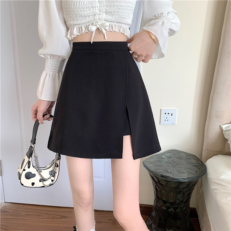 Black Summer split fork small A- line skirt irregular high waist skirt hip skirt skirt Women's Spring