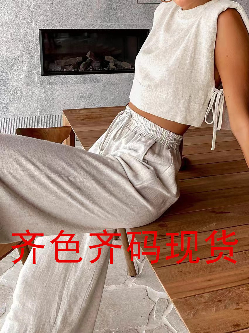 European and American Clothing 2025 Fashion Casual Cotton and Linen Suit Shoulder Pad Sleeveless Top + Flap Pocket Pants Wide Leg Pants Two-Piece Set
