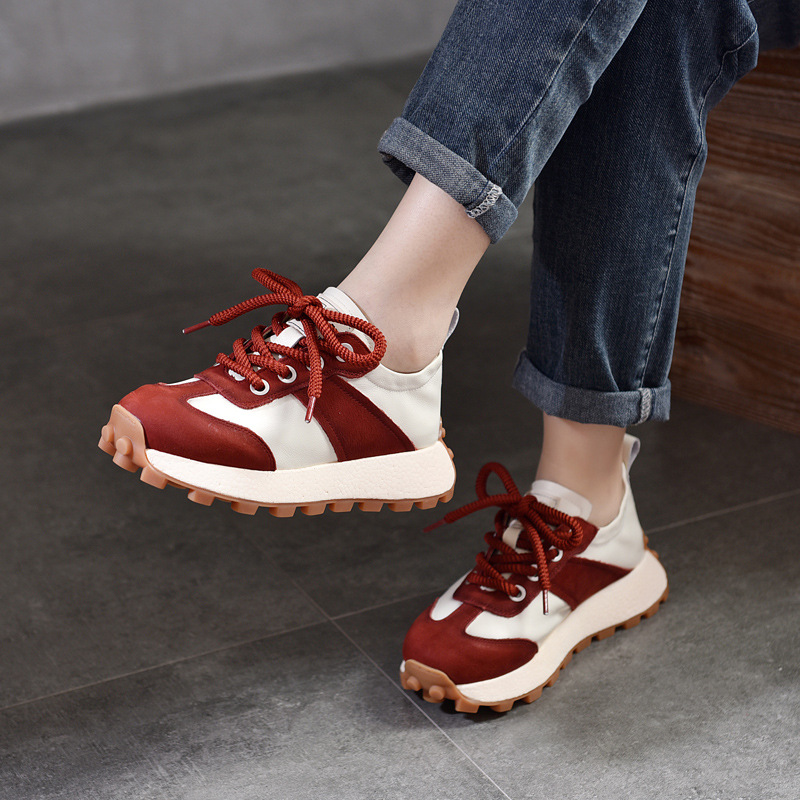 [Event Price 138] First-Layer Cowhide Popcorn Soft-Soled Low-Top Shoes Lace-Up Flats Genuine Leather Women's Shoes