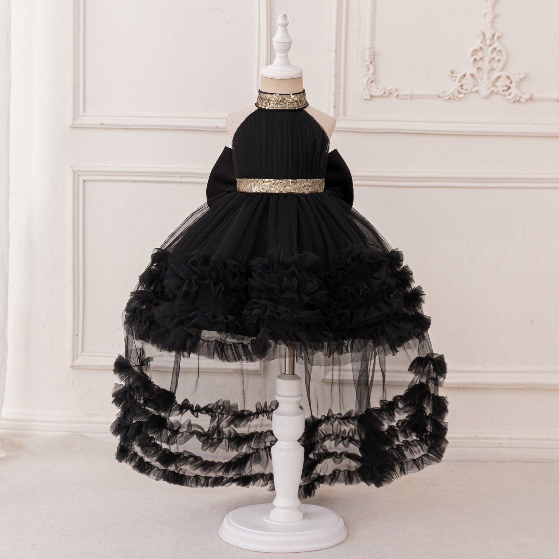 Girls Evening Gown 2025 New Black Princess Dress Children's Neck Trailing Cake Dress Girls Prom Gown
