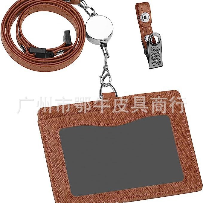 Picture of Cross-border Amazon cowhide litchi pattern work permit work card holder lanyard employee factory card genuine leather ID card