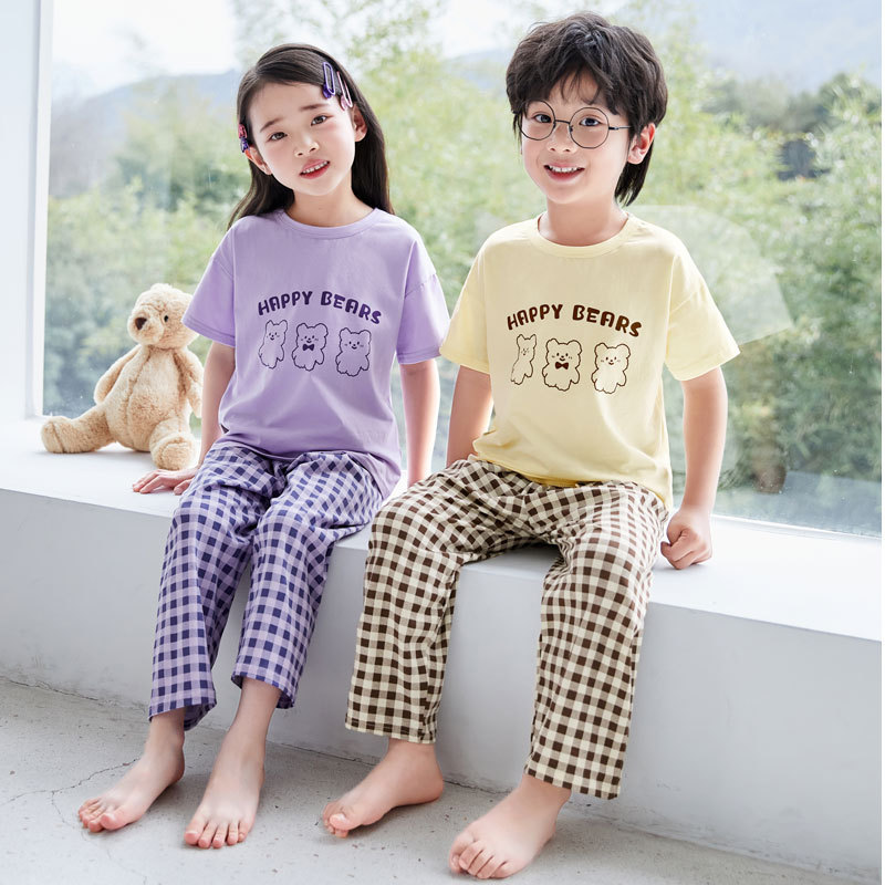 Children's Home Clothes Parent-Child suit Bear Cartoon Home suit Air-conditioning Clothes Lycra Pajamas Nine-point suit