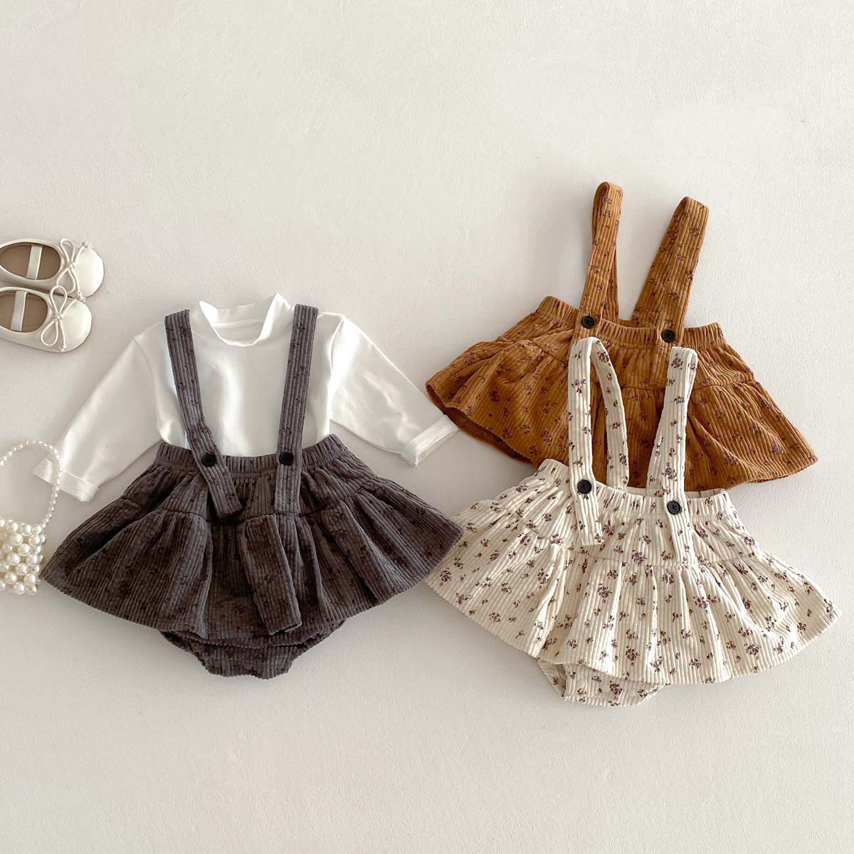 Infant New 2025 Spring Corduroy Strap Body Clothes Baby Girl Western-style Floral Floral Bud Dress Pants Set