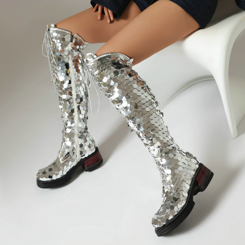 Women's Long Boots Autumn and Winter Sequin Cloth Coarse Heel Mid-Heel Front Lace-Up Fashionable Student Martin Boots Silver Knight Boots