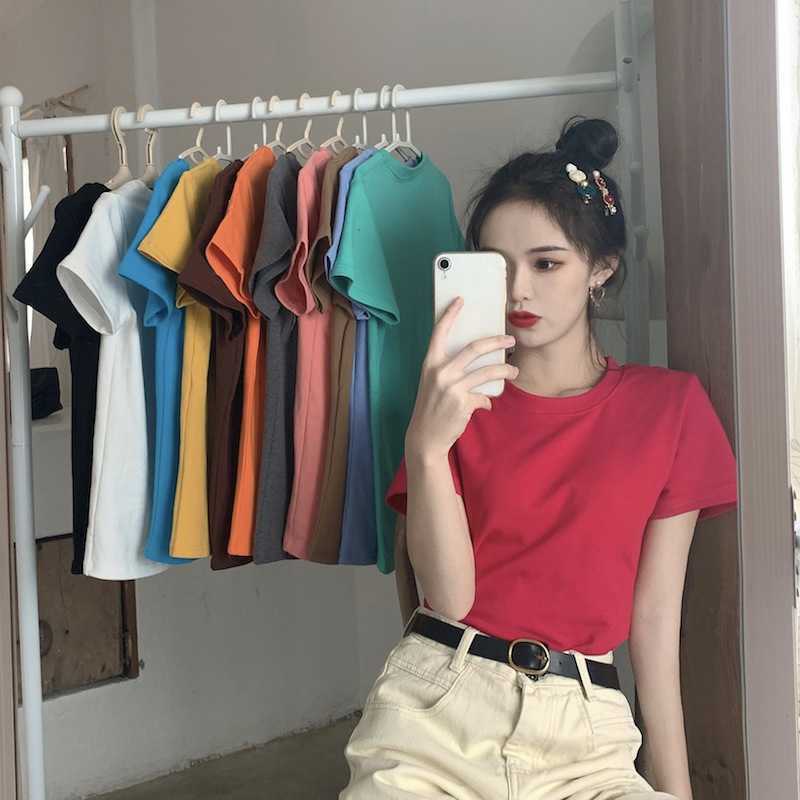 Picture of Candy Color Korean Style Round Neck Top for Women 2025 Loose and Versatile Bottoming Shirt Summer Cross-Border Short-Sleeved T-Shirt for Women Carefully Selected