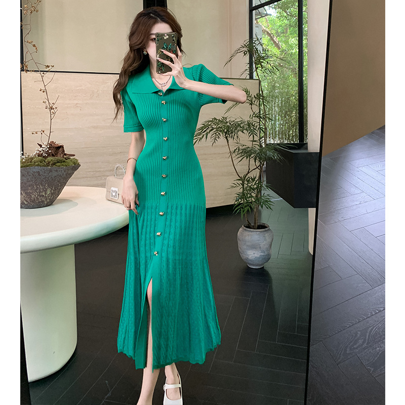 French Knitted Retro Hollow Waist Slimming dress 2024 Summer New Sweater Elegant Women's One-step Dress