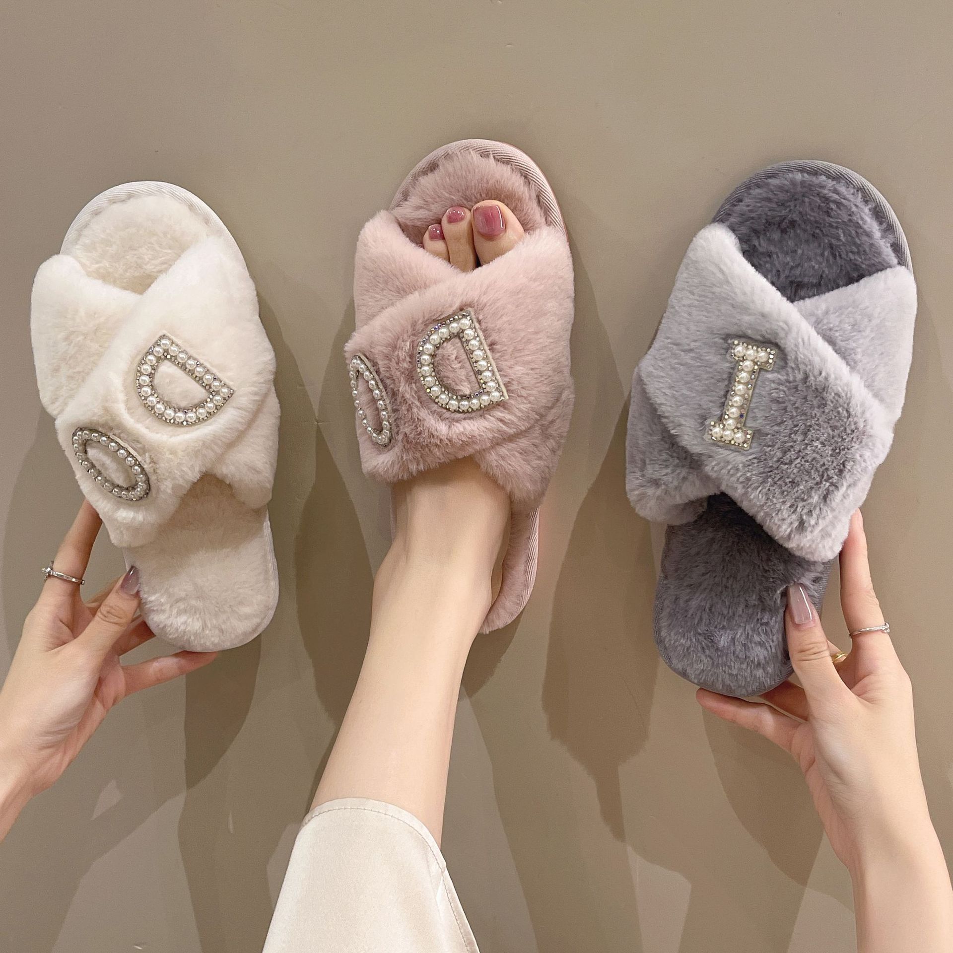 I DO Cross Mao Mao Slippers Wedding Home Warm Open Floor Cotton Slippers Bride Wedding Slippers Women Cross Border