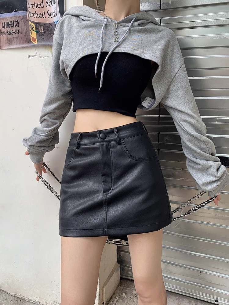 Black PU Leather Skirt Skirt Women's Autumn 2023 New High Waist Slimming Sexy Spice Girl A- Line Hip Skirt