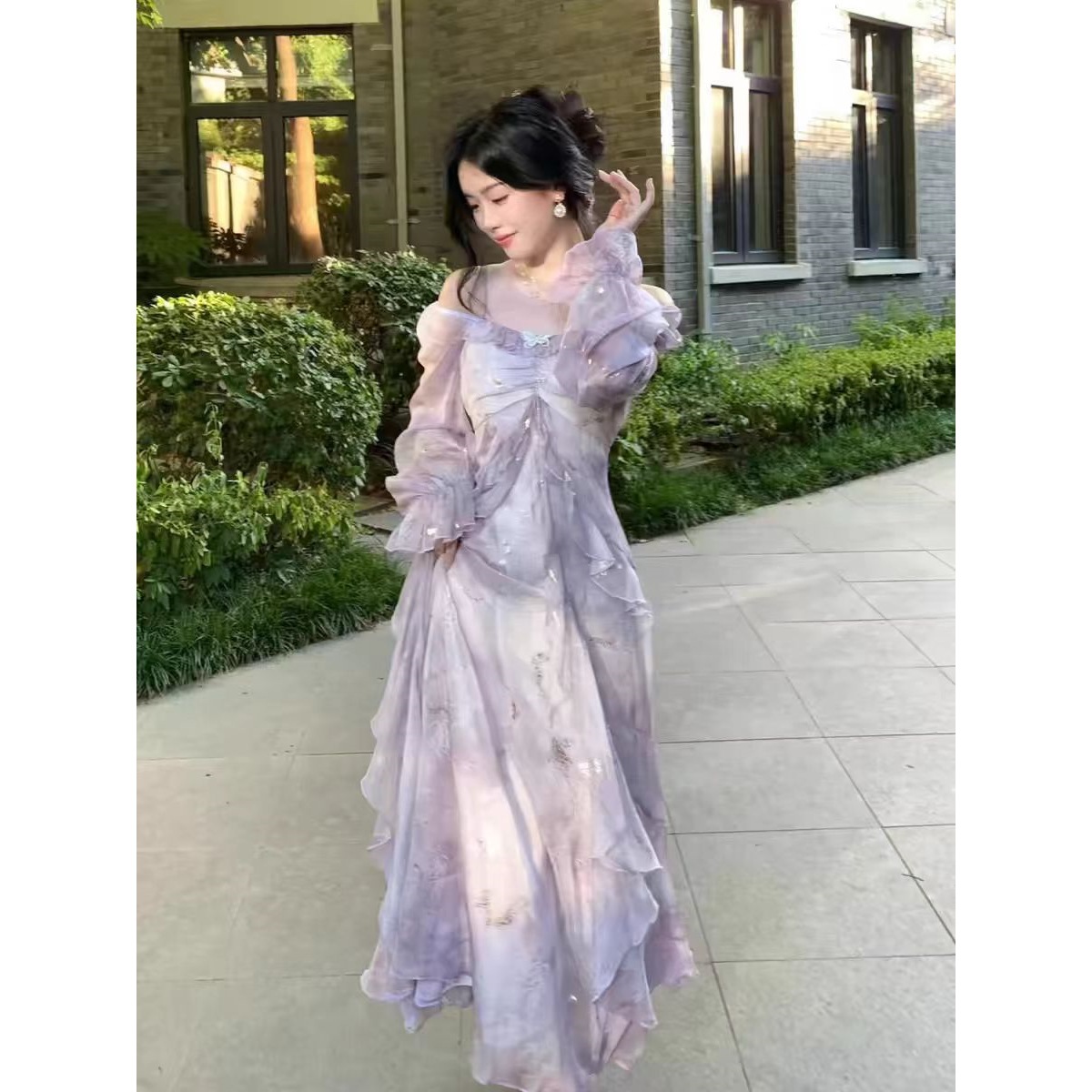 Temperament Fairy Purple Smudged Fairy Butterfly Ruffled Long Sleeve Dress Literary Retro Chinese Style 2025
