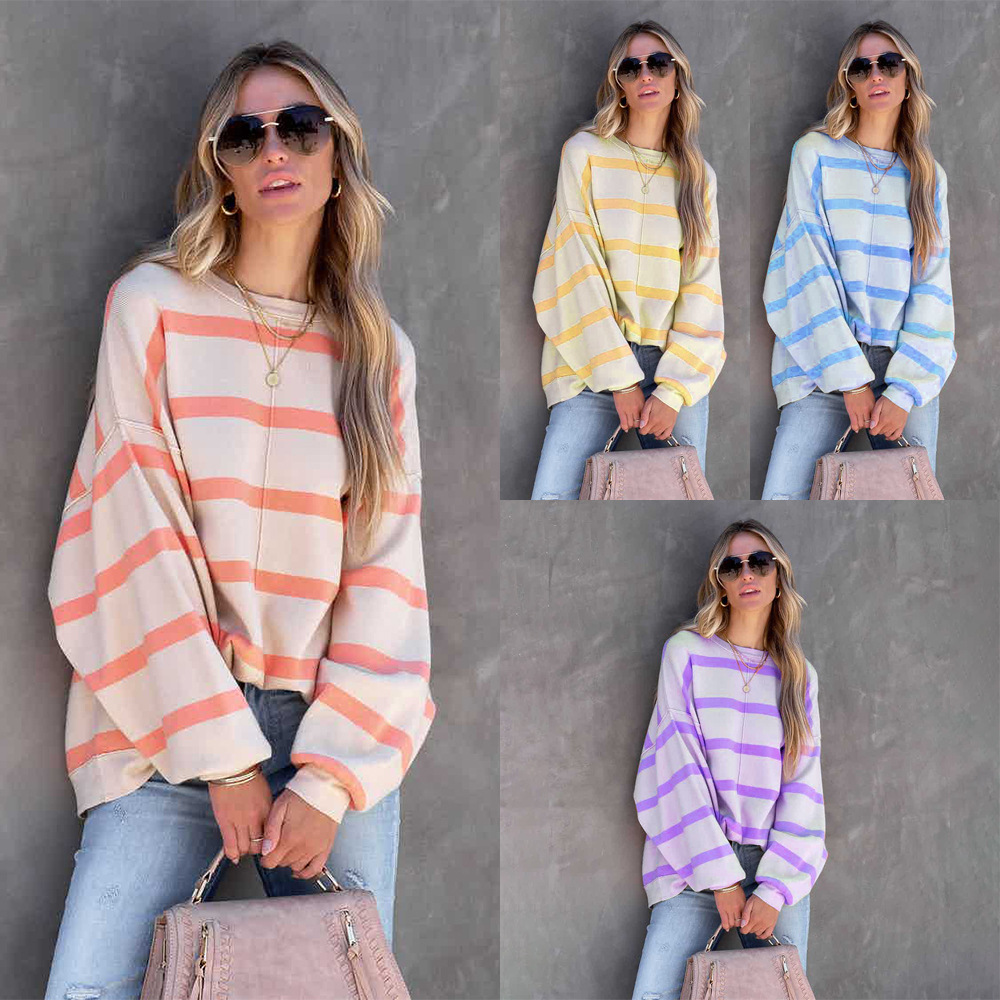 2022 autumn and winter New Amazon European and American fashion striped printed long sleeve casual loose top women OM10154