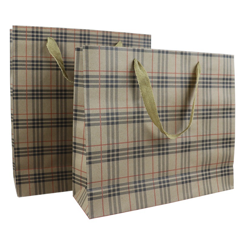 in stock Plaid Kraft Paper Bag Yellow Cattle Handbag Takeaway Milk Tea Packing Bag Gift Clothing Shopping Packing Bag