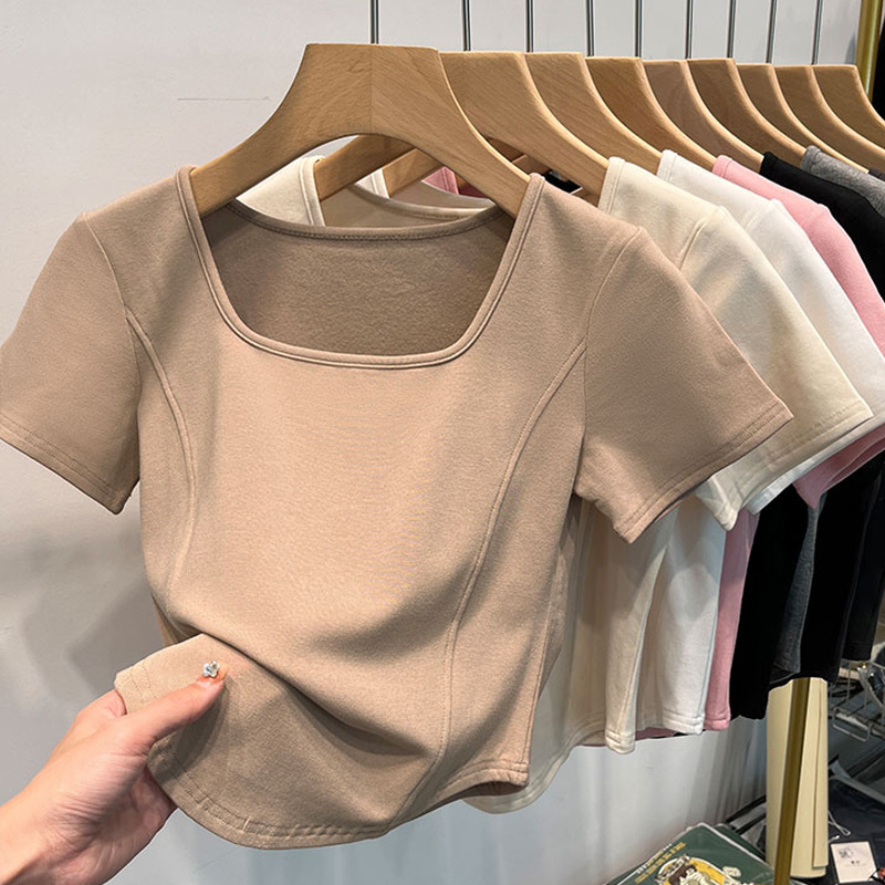 Picture of Square Collar Shoulder White Short-sleeved T-shirt Women's Summer Curved Hem Large Neck Slim-fit Slimming Short Fishbone Top