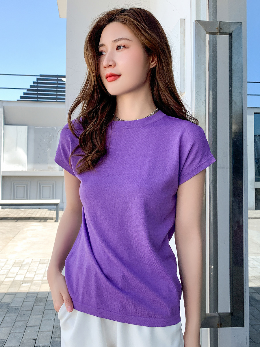 Summer New Pure Color Short-Sleeved Bottoming Shirt Round Neck Loose Slim Knitwear Thin Elegant Slim T-Shirt Clearance