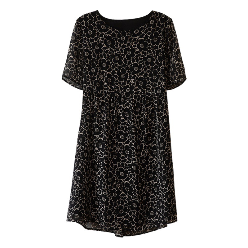 Georgette Dress Women's 2023 Summer New Style Slimming Waist Print Mid-Length Dress for Chubby Girls Elegant Short-Sleeved Dress