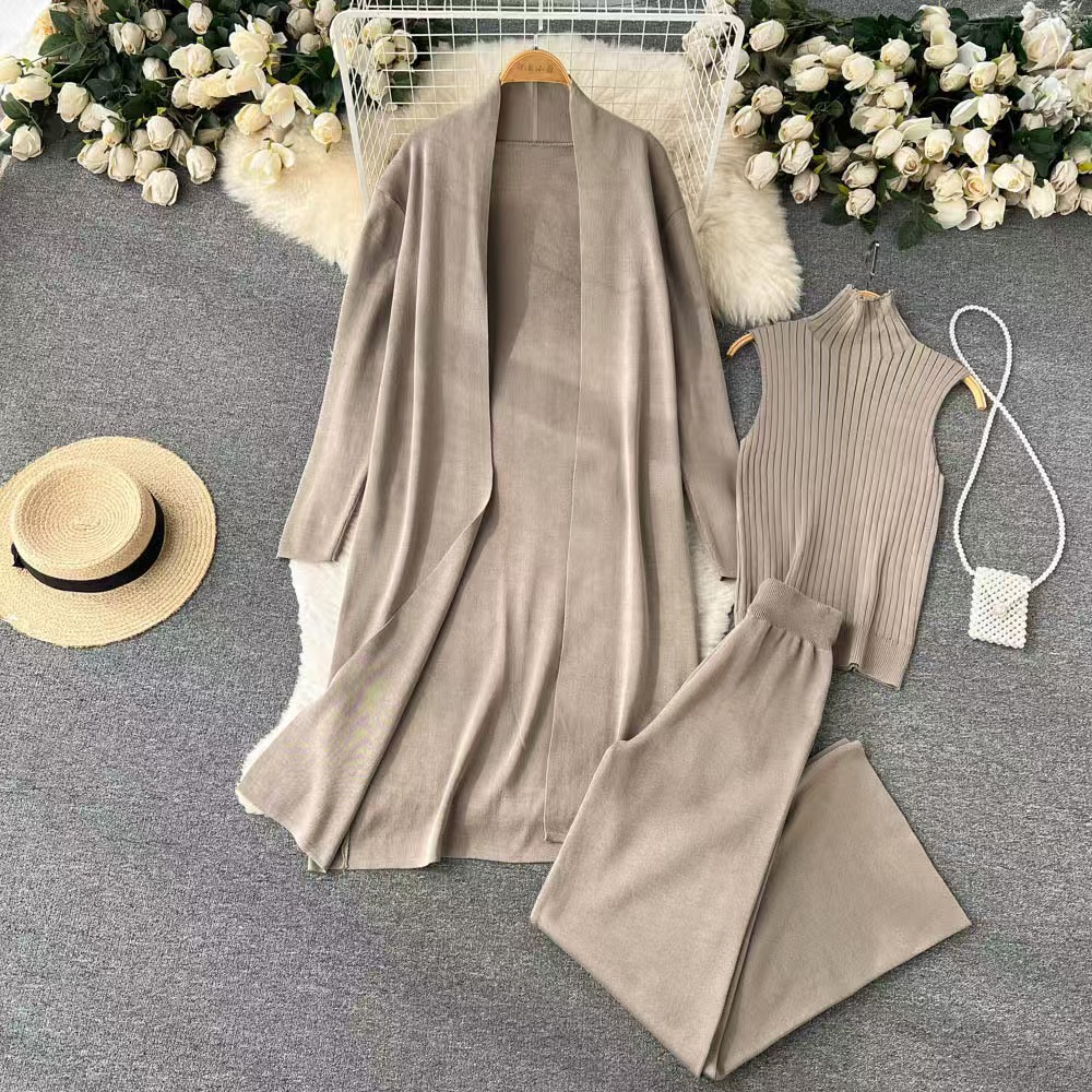 Picture of Cross-border Amazon Spring and Autumn New Lazy Elegant Knitted suit Sleeveless Vest Sweater Cardigan Pants Three-piece Set