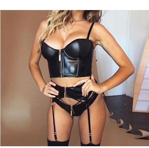 Foreign trade new black suspender sexy underwear women's summer sexy zipper set flat wholesale foreign a generation of hair