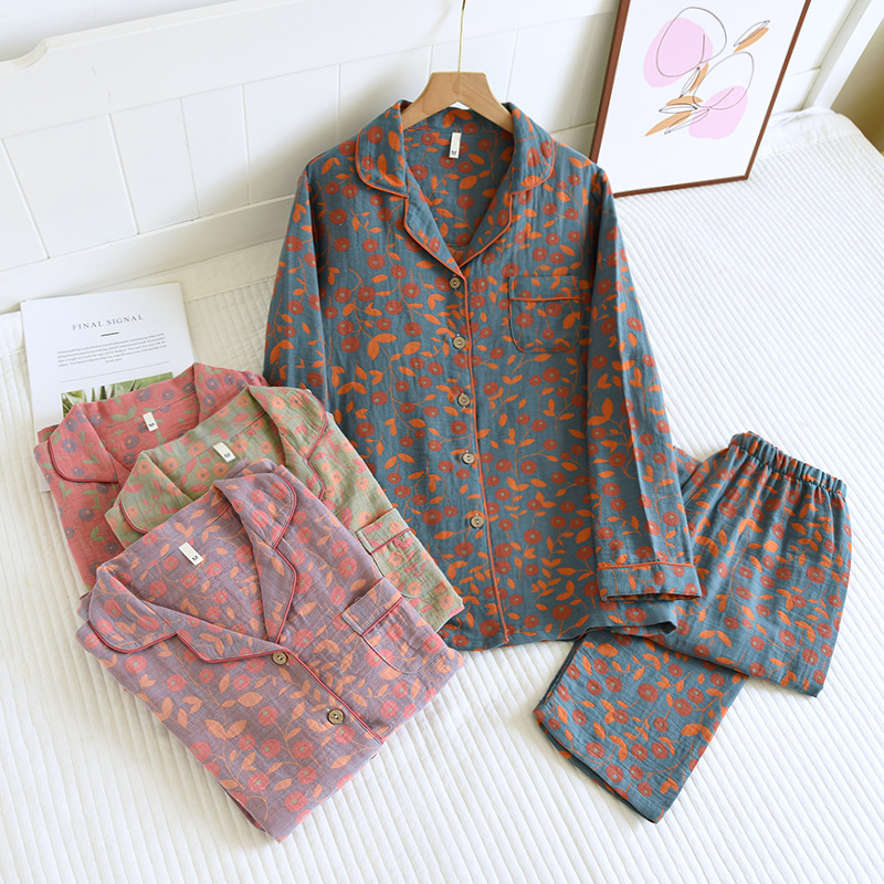 A variety of yarn-dyed cotton pajamas set ladies double cotton gauze Four Seasons thin long sleeve floral home a generation of hair