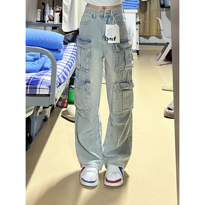 American Style High Street Overalls Loose Slimming Multi-Pocket 2024 Korean Style Casual Pants High Waist Straight Wide Leg Trendy Pants